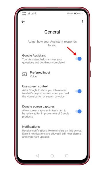 utilisez le bouton bascule derrière l'Assistant Google