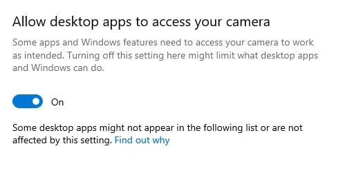 activez l'option Autoriser les applications de bureau à accéder à votre caméra.