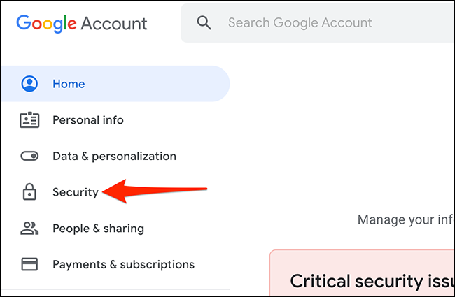 Sélectionnez "Sécurité" sur le site Google Mon compte.
