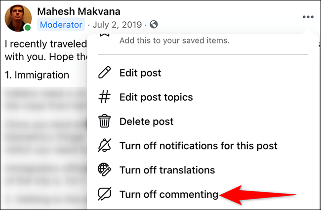 Sélectionnez "Désactiver les commentaires" dans le menu à trois points pour une publication sur Facebook.
