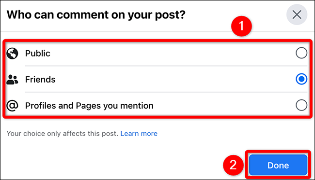 Sélectionnez une option dans la fenêtre "Qui peut commenter votre publication" sur Facebook.