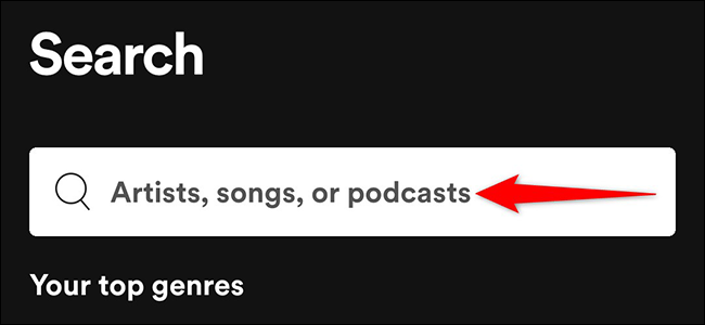 Appuyez sur le champ de recherche qui indique "Artistes, chansons ou podcasts" sur la page "Rechercher" de l