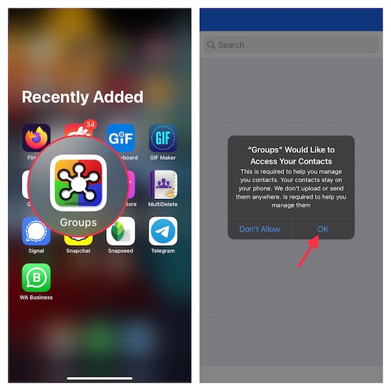 Autoriser l'application Groupes à accéder à vos contacts iPhone