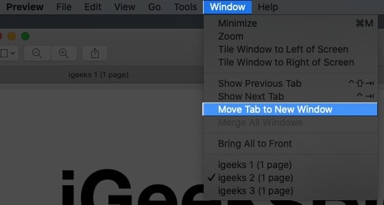 Cliquez sur le menu Fenêtre et sélectionnez Déplacer l'onglet vers une nouvelle fenêtre sur Mac