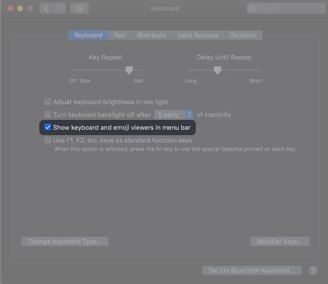 Activer Afficher les visualiseurs de clavier et d'emoji dans la barre de menus sur Mac