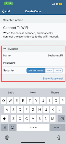 Entrez vos détails Wi-Fi dans l'application Visual Codes sur iPhone et iPad