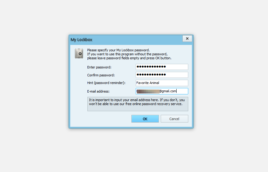 Remplir le mot de passe et d'autres détails dans la fenêtre de l'application My LockBox