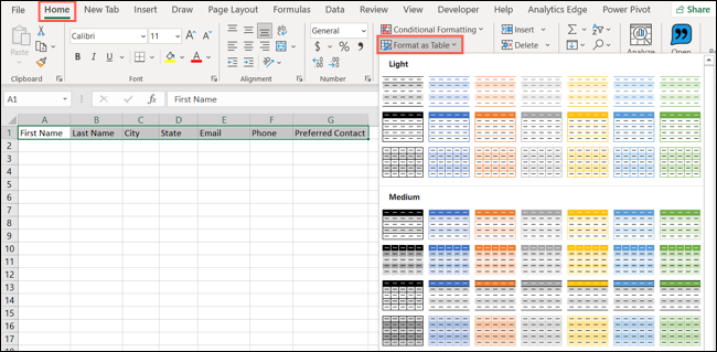 Sélectionnez un style de tableau