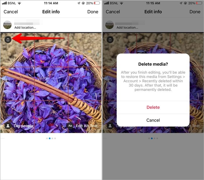 Instagram Supprimer une photo multiple