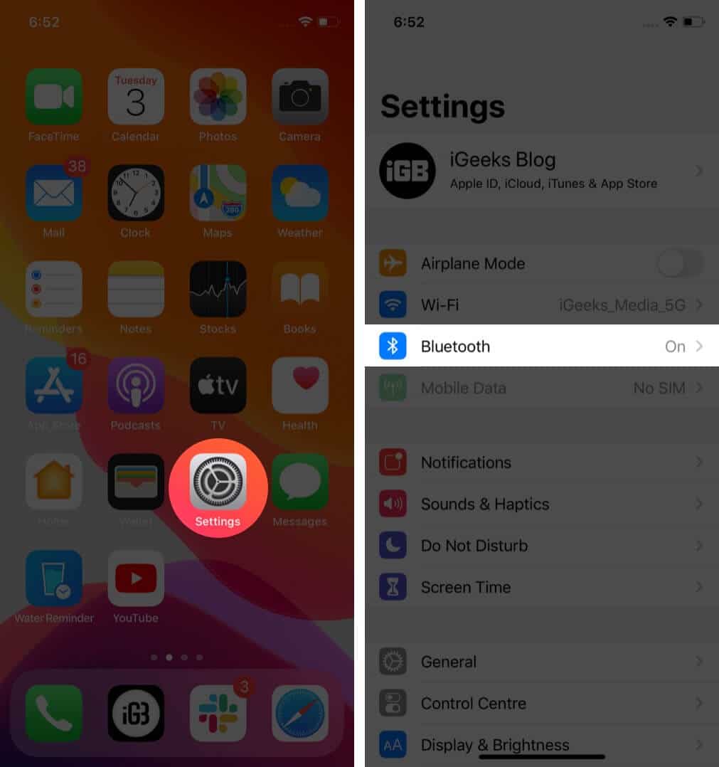 Ouvrez les paramètres et appuyez sur Bluetooth sur iPhone