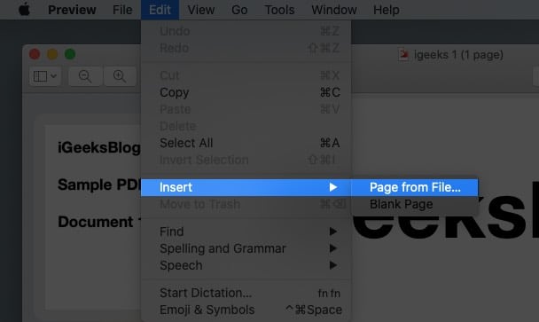 Sélectionnez la page à partir du fichier dans le menu d'édition sur Mac