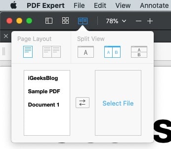 Sélectionnez Vertical sous Split View de l'expert PDF