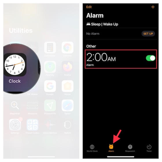 Sélectionnez l'alarme dans l'application Horloge pour iOS