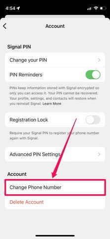 changer l'option de numéro de téléphone dans les paramètres de l'application signal ios