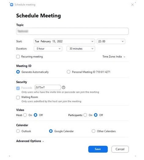 Sur l’écran Planifier une réunion, vous devez remplir divers détails comme le moment,