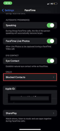 Appuyez sur Contacts bloqués dans les paramètres FaceTime sur iOS
