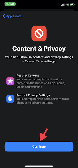 Appuyez sur Continuer dans Screen Time sur iOS
