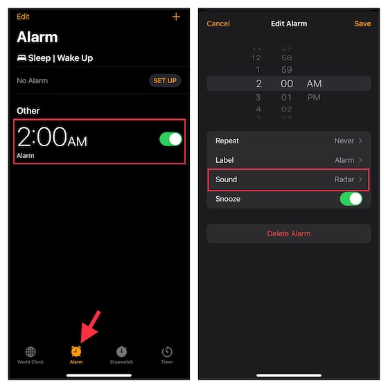 Appuyez sur Son pour une alarme dans l'application Horloge pour iOS