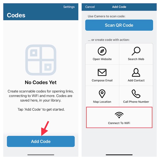 Appuyez sur Ajouter du code dans l'application Visual Code pour iOS