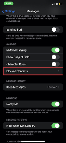 Appuyez sur les contacts bloqués dans le paramètre Messages sur iOS