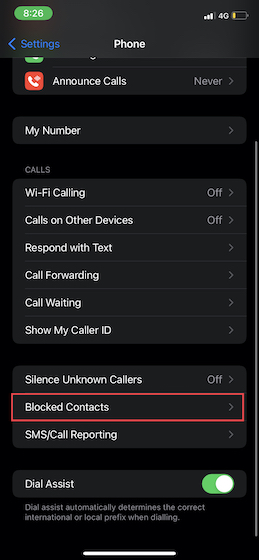 Appuyez sur Contacts bloqués dans les paramètres du téléphone sur iOS 