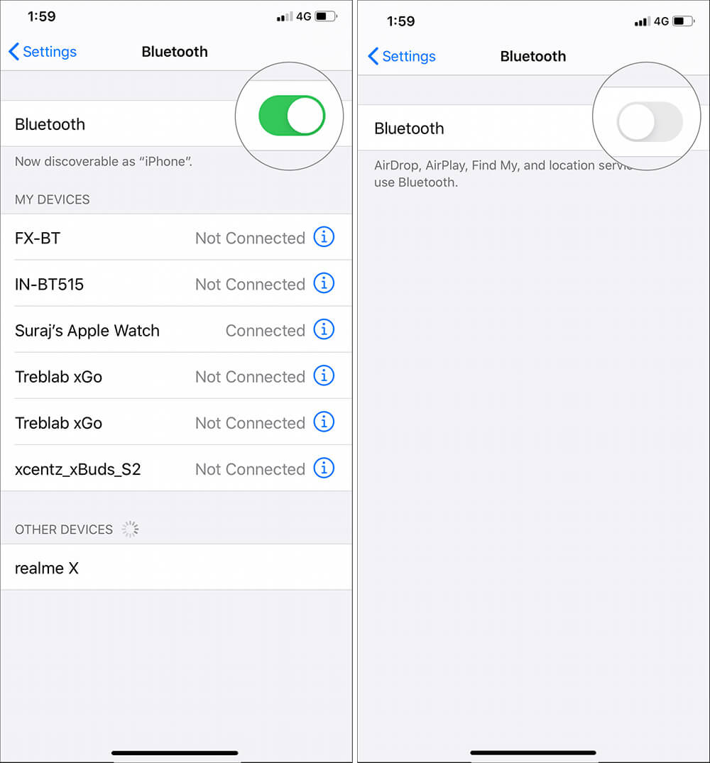 Appuyez sur Bluetooth Toggle pour désactiver dans les paramètres de l'iPhone