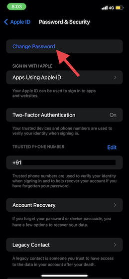 Appuyez sur Changer le mot de passe dans les paramètres iOS