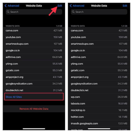 Appuyez sur Modifier dans le paramètre Safari sur iOS 