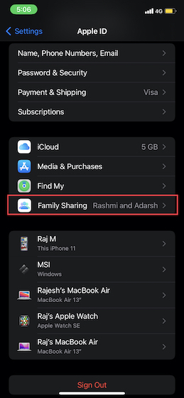 Appuyez sur Partage familial iOS
