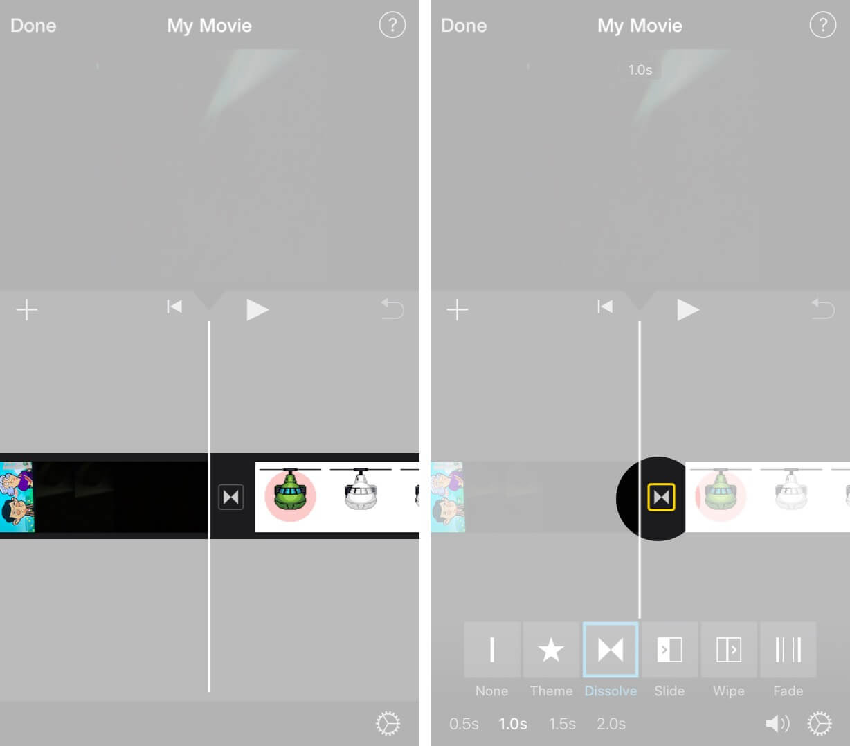 Appuyez sur deux triangles pour fusionner des vidéos sur iPhone à l'aide d'iMovie