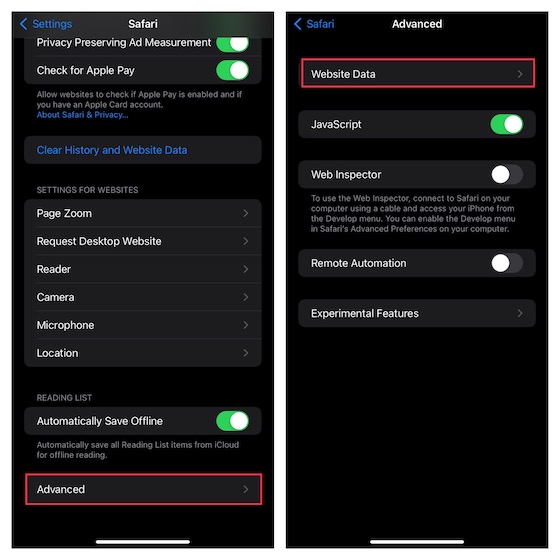 Appuyez sur les données du site Web dans le paramètre Safari sur iOS