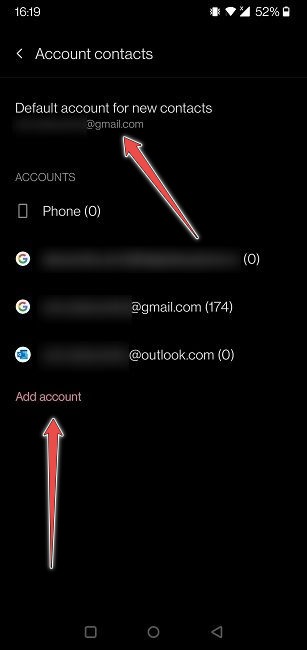 Changer les contacts du compte par défaut Mobile Changer Ajouter un compte