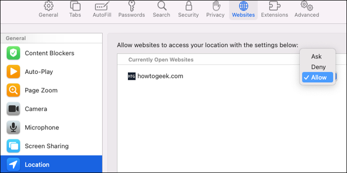 Autoriser l'accès à la localisation pour un site Web dans macOS Safari