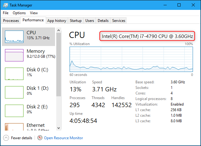Nom et vitesse du processeur dans le gestionnaire de tâches de Windows 10.