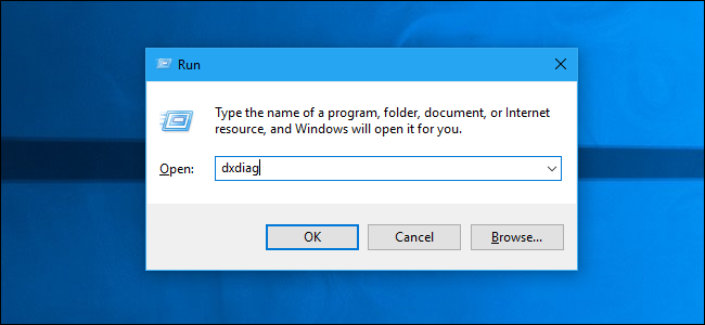 Lancement de dxdiag à partir de la boîte de dialogue Exécuter de Windows 10