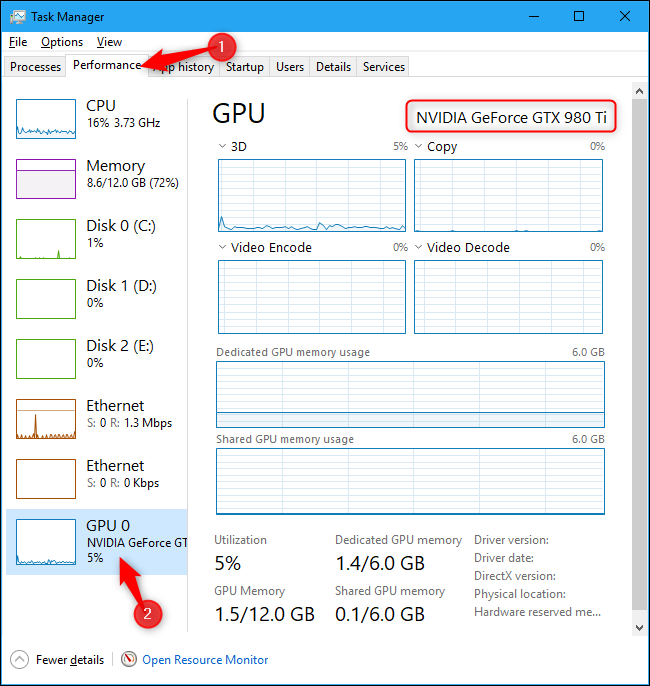 Nom du GPU de l'ordinateur affiché dans le Gestionnaire des tâches de Windows 10