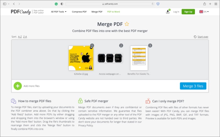 pdfCandy combiner des PDF sur Mac