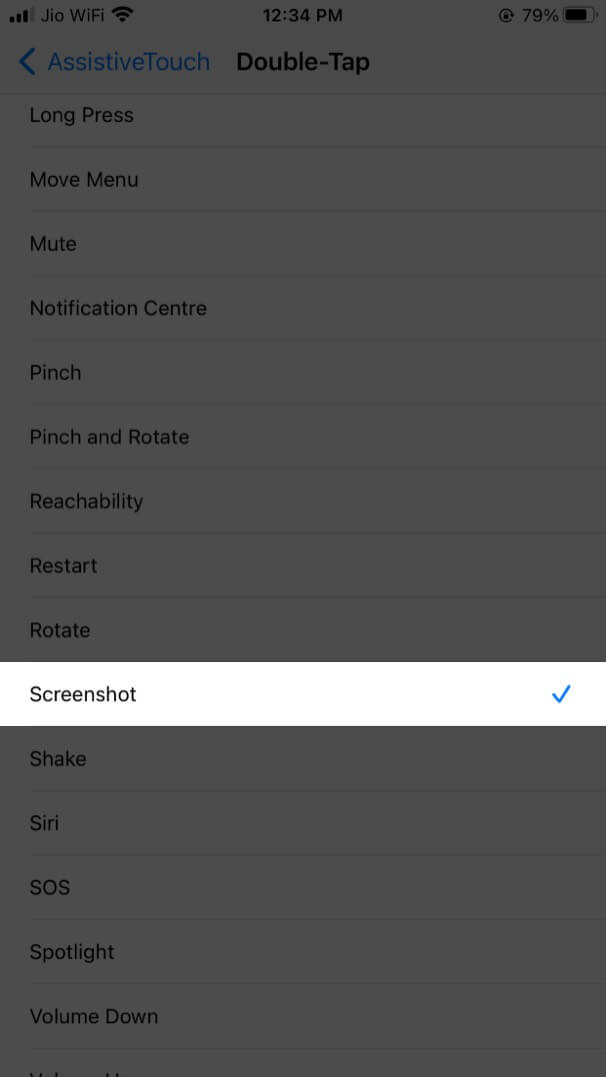 Sélectionnez Capture d'écran dans le menu pour Assistive Touch sur iPhone