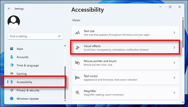 Dans Paramètres, cliquez sur "Accessibilité", puis sur "Effets visuels".