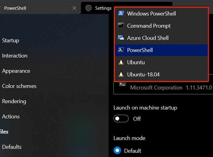 Terminal Windows Choisissez le profil par défaut