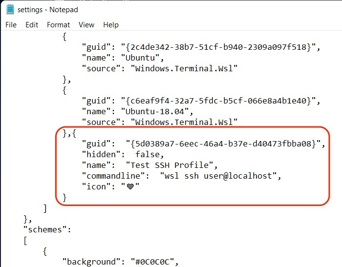 Fichier Json du terminal Windows Modifier le profil Ssh