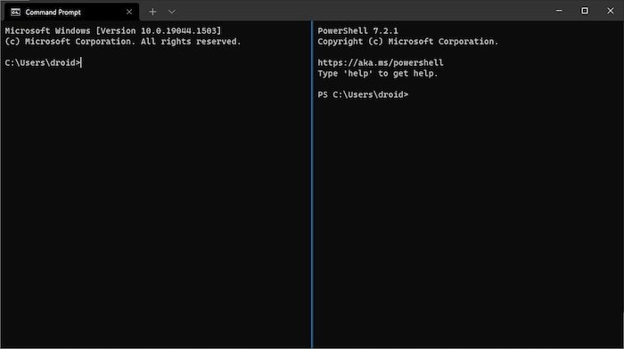 Disposition du volet partagé du démarrage du terminal Windows