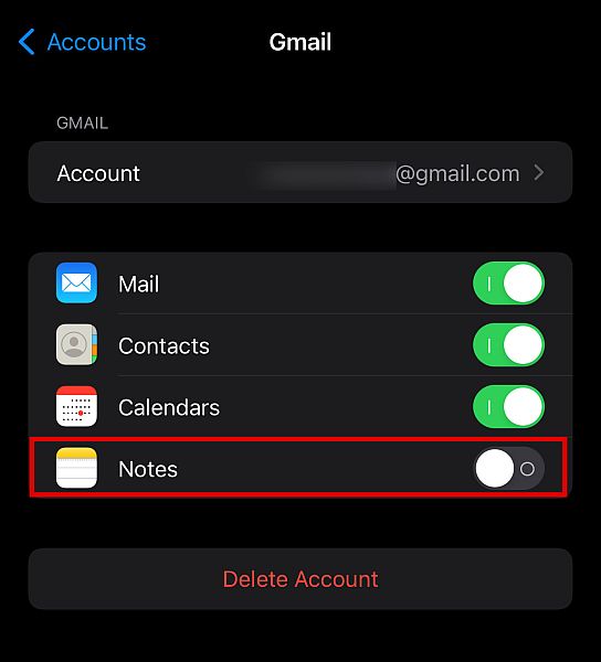 Activer l'option de synchronisation avec le compte gmail pour les notes iphone