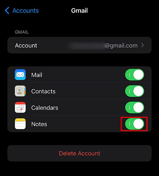 option de synchronisation gmail activée pour les notes pour iphone