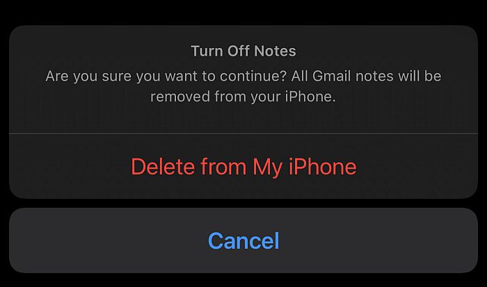 Invite iPhone lors de la désactivation de la synchronisation des notes avec gmail
