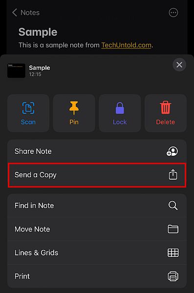 Envoyer une option de copie dans l'application iphone notes