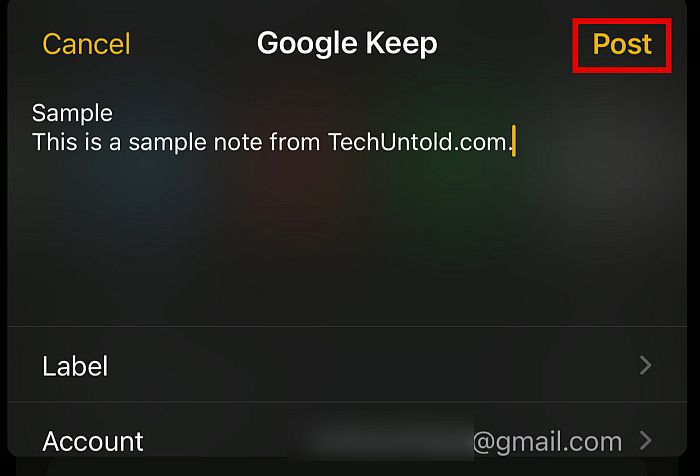 Bouton de publication dans google keep pour iphone