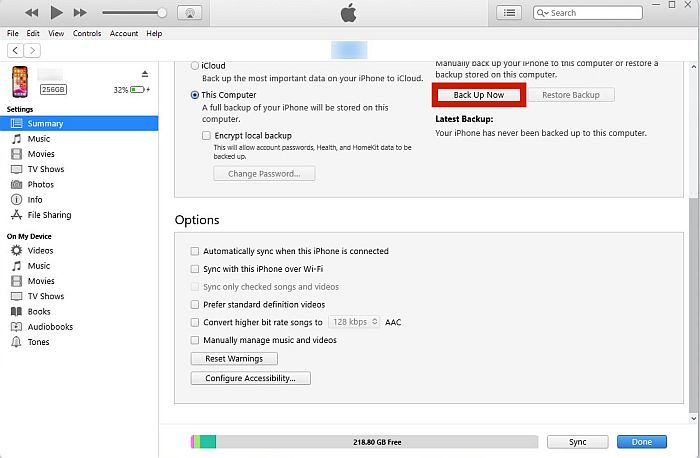 Option de sauvegarde pour iphone dans iTunes