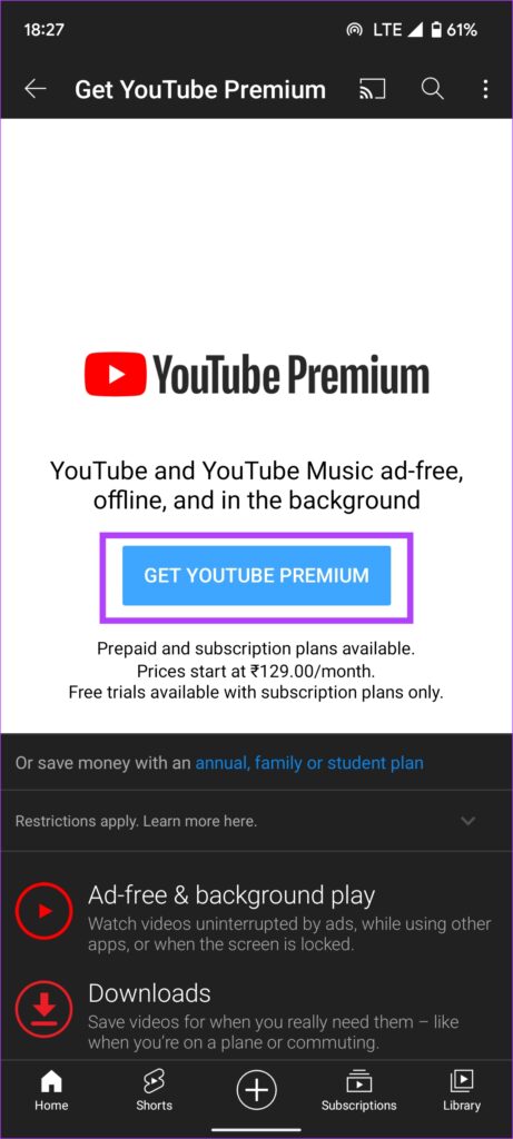 Bouton Obtenir YouTube Premium