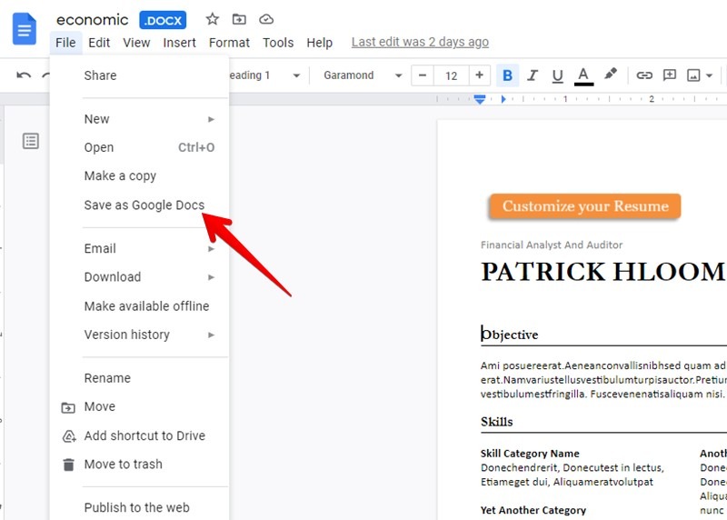 Conversion de Word de modèle de CV Google Docs